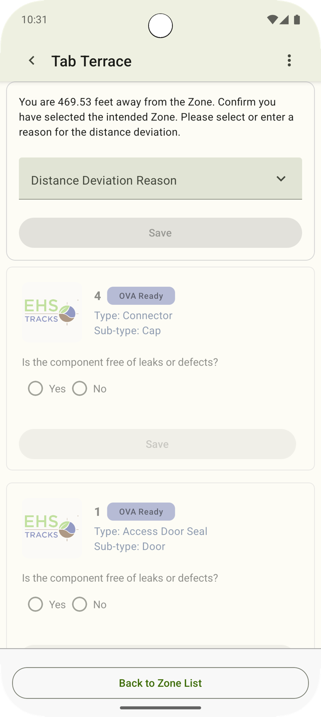 EHSTracks GPS distance deviation prompt asking the inspector to justify their distance from the point