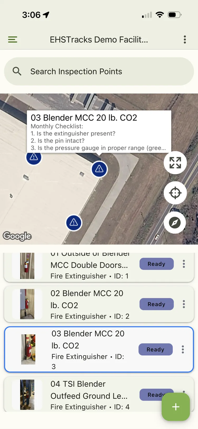 EHSTracks mobile app showing mapped fire extinguisher inspection points with a monthly checklist — extinguisher present, pin intact, pressure gauge in range