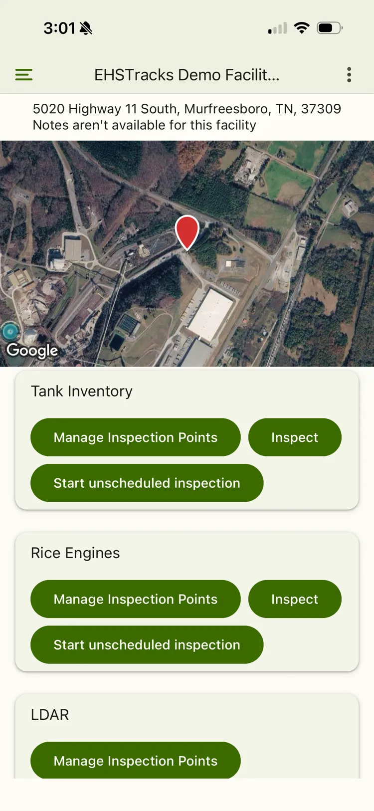 EHSTracks mobile app facility screen showing custom inspection programs — Tank Inventory, Rice Engines, and LDAR — each with manage, inspect, and unscheduled inspection actions
