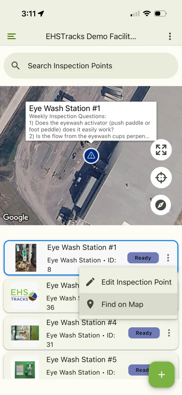 EHSTracks mobile app showing safety inspection checkpoints on an interactive satellite map