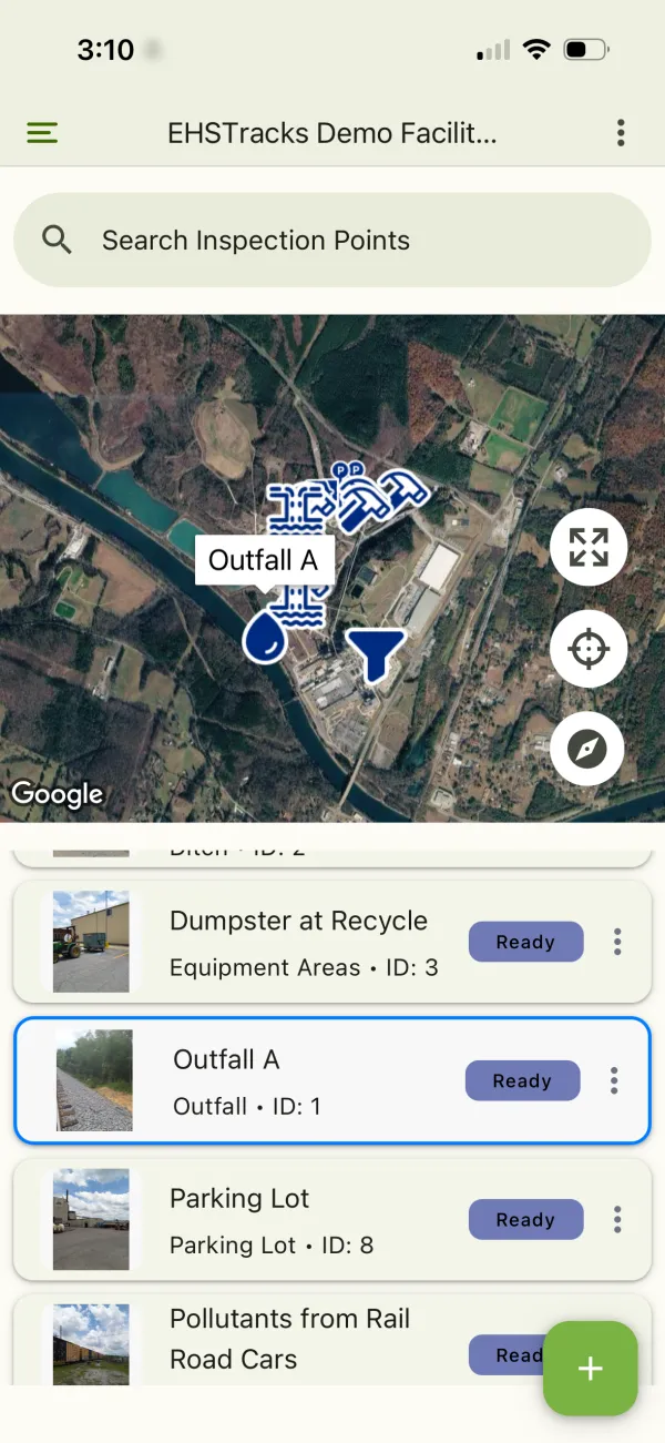 EHSTracks mobile app showing stormwater inspection with SWPPP compliance points on an interactive satellite map