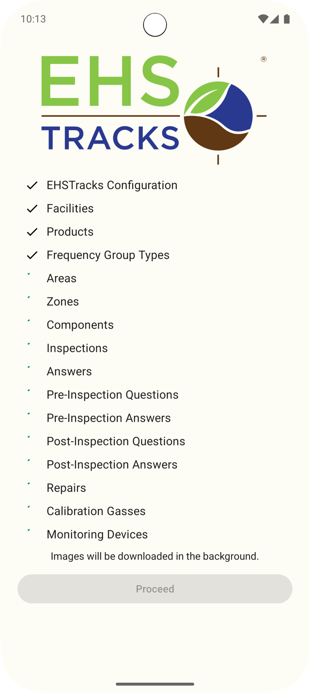 EHSTracks sync screen downloading facility configuration, inspections, and repairs to the device
