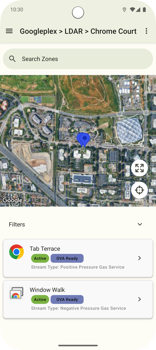 EHSTracks mobile app showing an LDAR zone with a satellite map, search, and component status cards marked Active and OVA Ready
