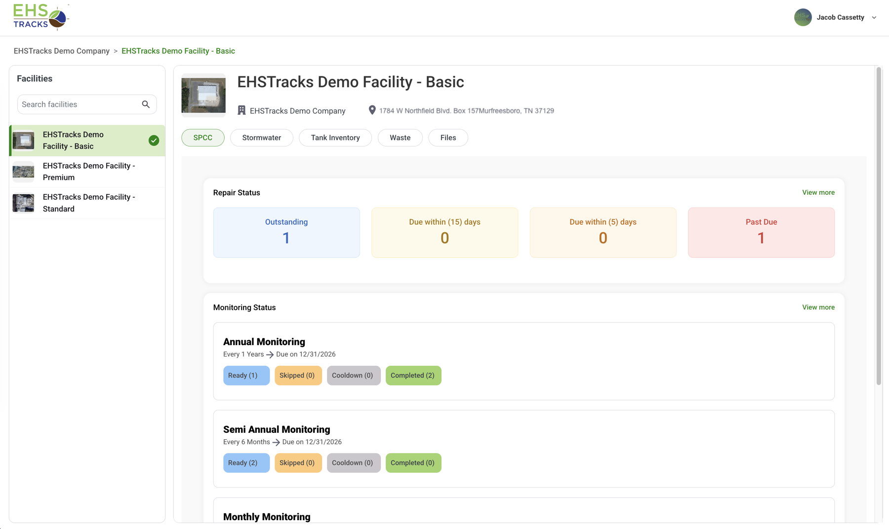 EHSTracks web facility dashboard showing repair status counts — outstanding, due soon, and past due — above annual and semi-annual monitoring status cards