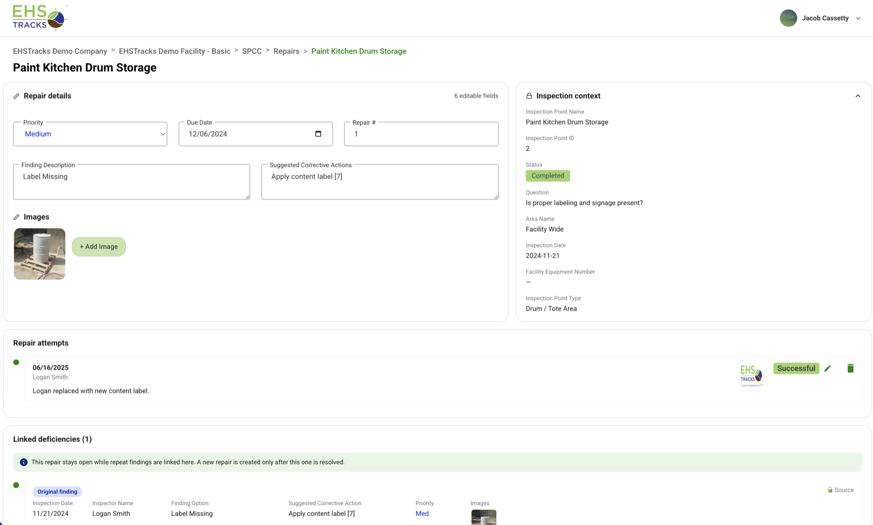 EHSTracks repair details page for a drum-storage finding, showing editable priority, due date, and corrective actions, attached photo evidence, locked inspection context, a successful repair attempt, and a linked repeat deficiency