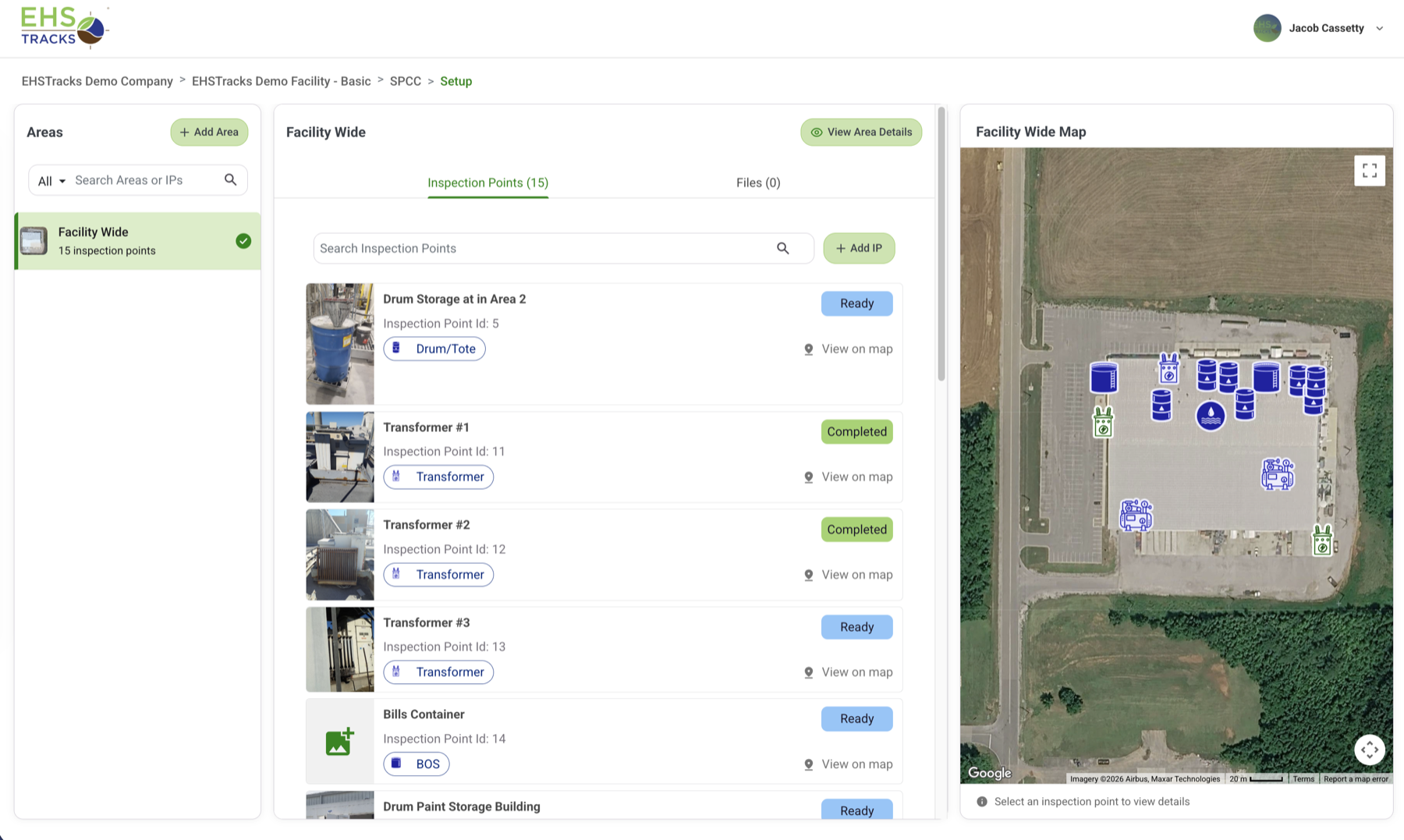 EHSTracks web Setup page listing an area's inspection points with photo thumbnails and status badges beside a satellite facility map with GPS-placed equipment icons