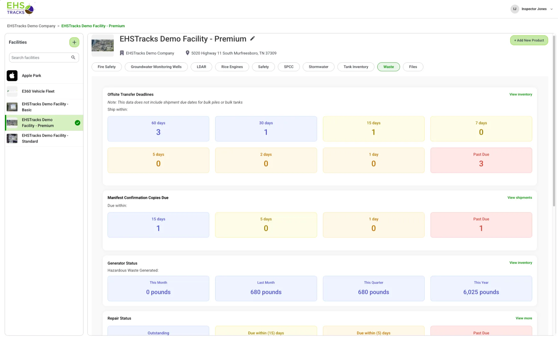 EHSTracks web Waste dashboard showing offsite transfer deadlines, manifest confirmation copies due, and hazardous waste generator status totals