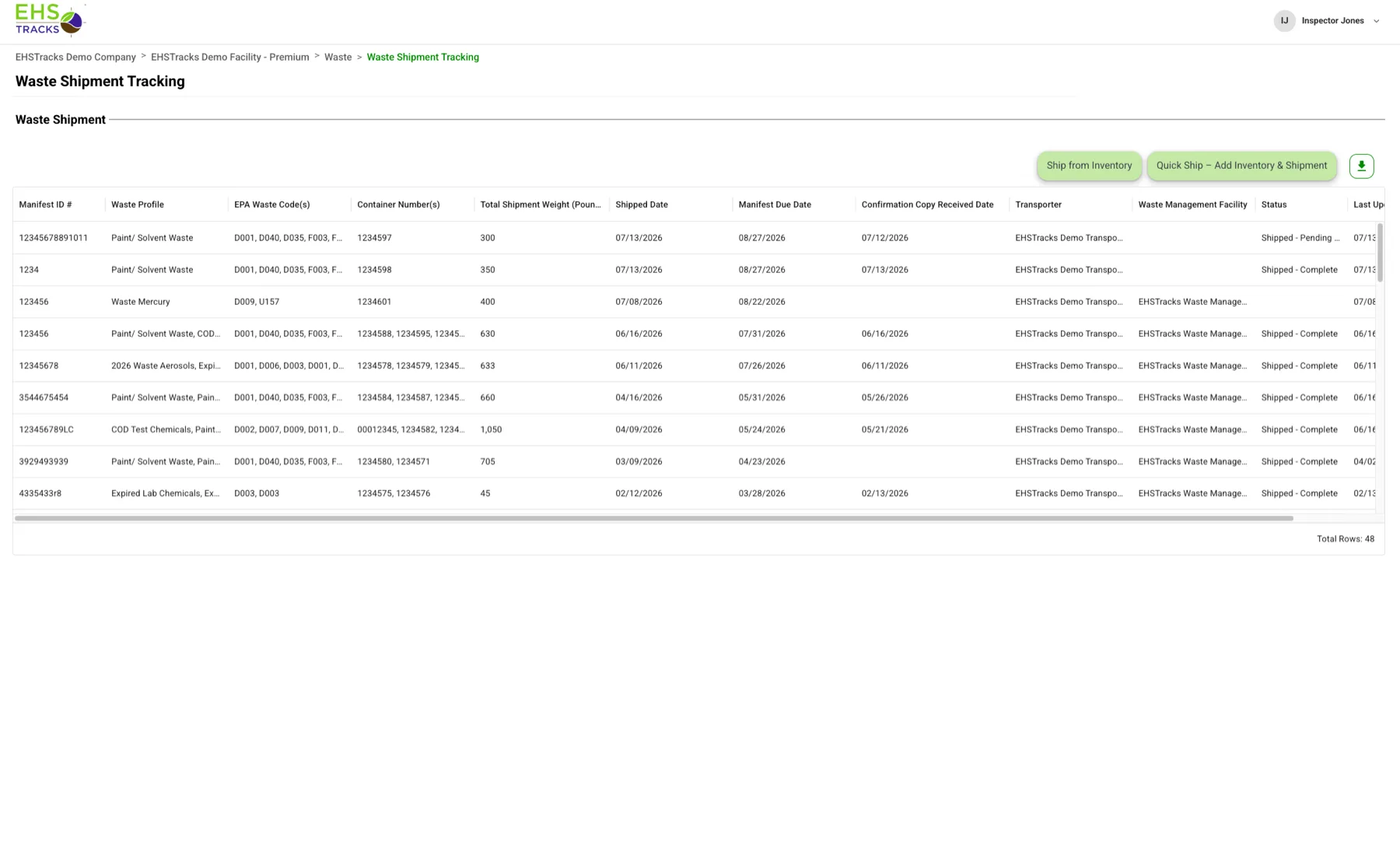 EHSTracks web Waste Shipment Tracking table listing manifest IDs, waste profiles, EPA waste codes, shipment weights, manifest due dates, and shipment status