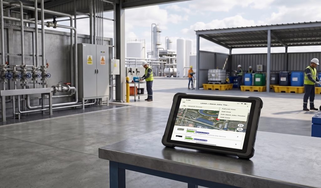 A tablet with EHSTracks running on it sitting in on a table in an industrial setting with workers near drum and tote inventory in the background.