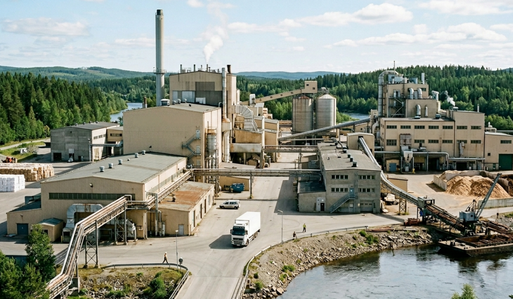 An industrial manufacturing facility from a distance, the type of facility that uses enterprise SPCC software for compliance.